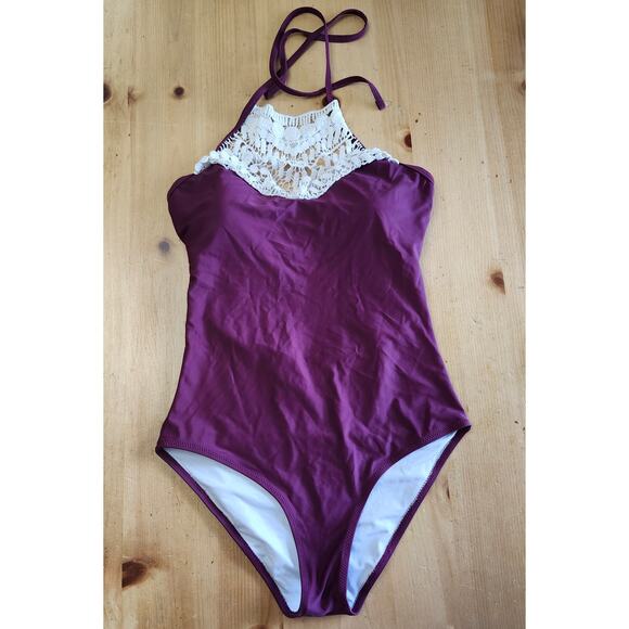 Small Purple Cupshe Crochet One Piece Bathing Suit Open Back Boho - Picture 1 of 8